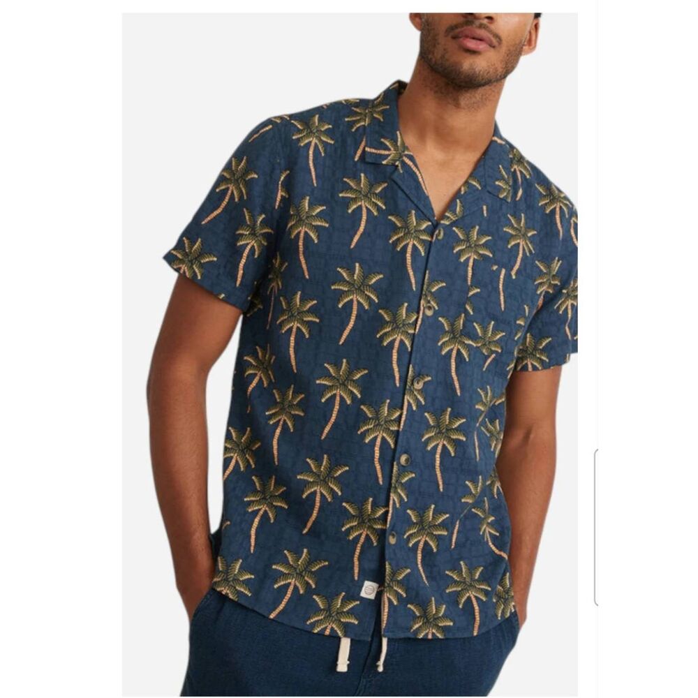 Marine Layer Indigo Palm-Print Short Sleeve Button-Down